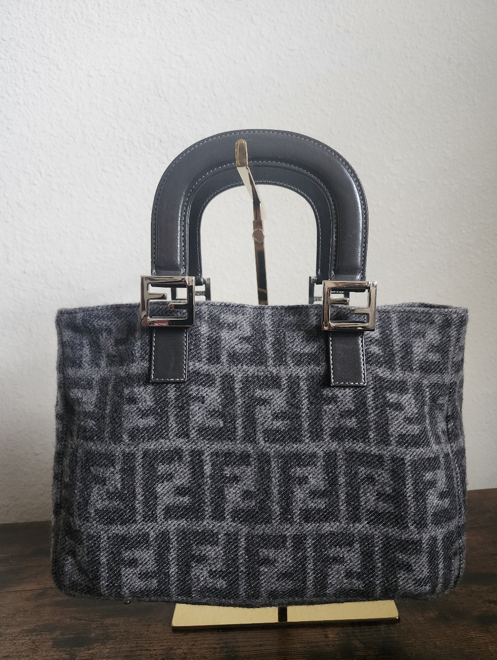 Fendi Zucca Cashmere/Wool Leather Top Handle Bag